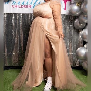 One shoulder side split champagne colored evening dress